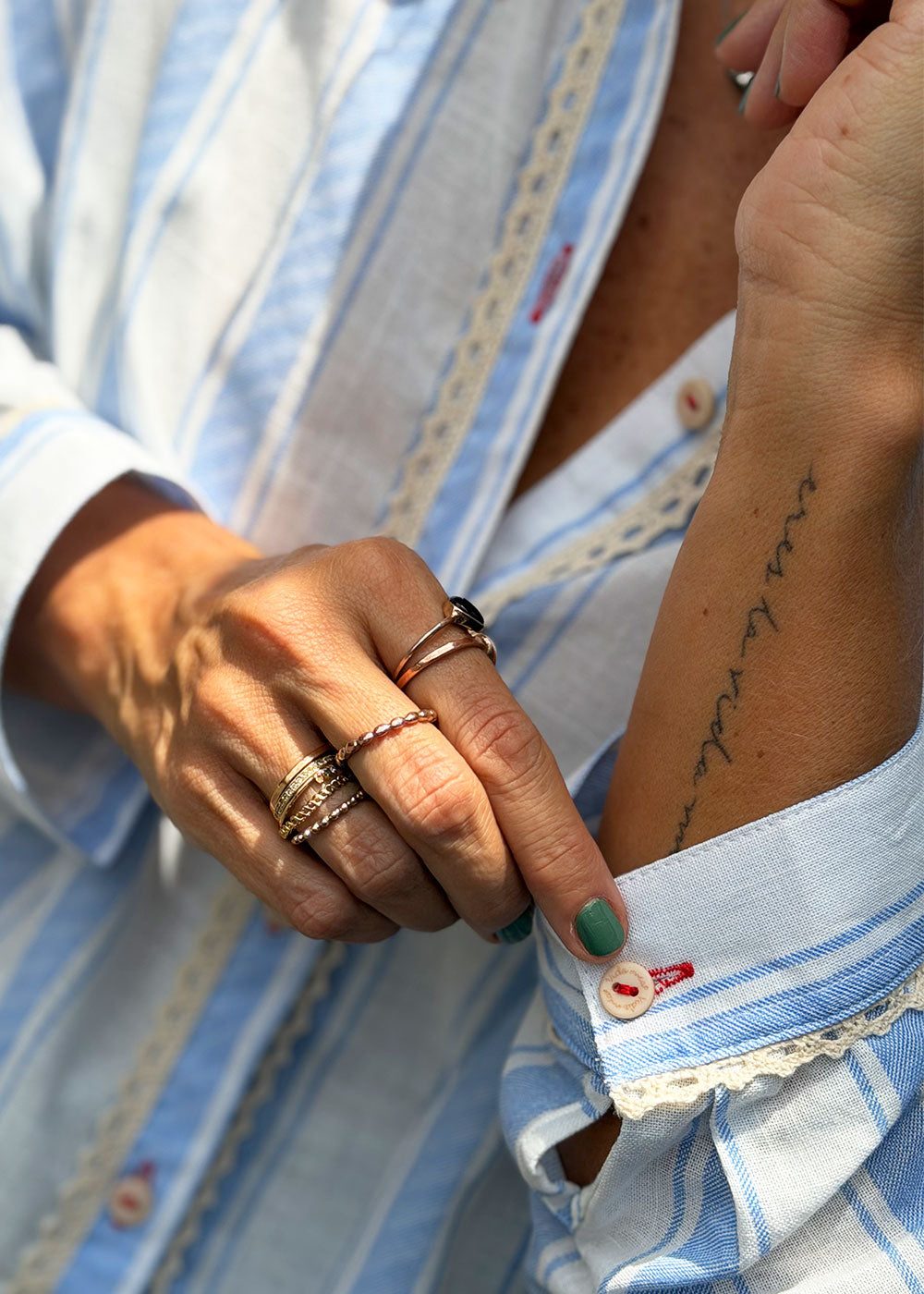 blue striped poplin long-sleeve shirt, styled on model, full outfit