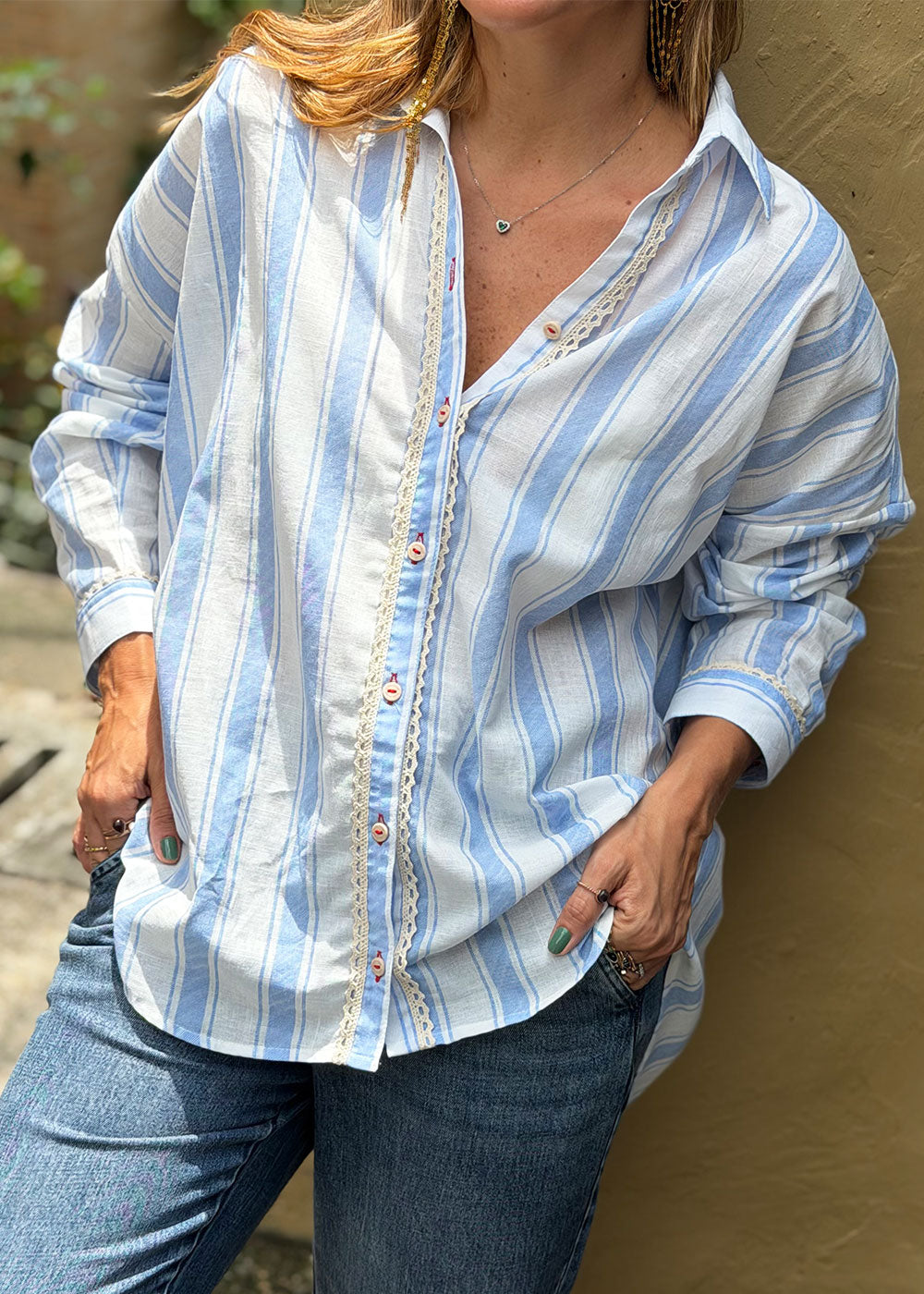 blue striped poplin long-sleeve shirt, side profile