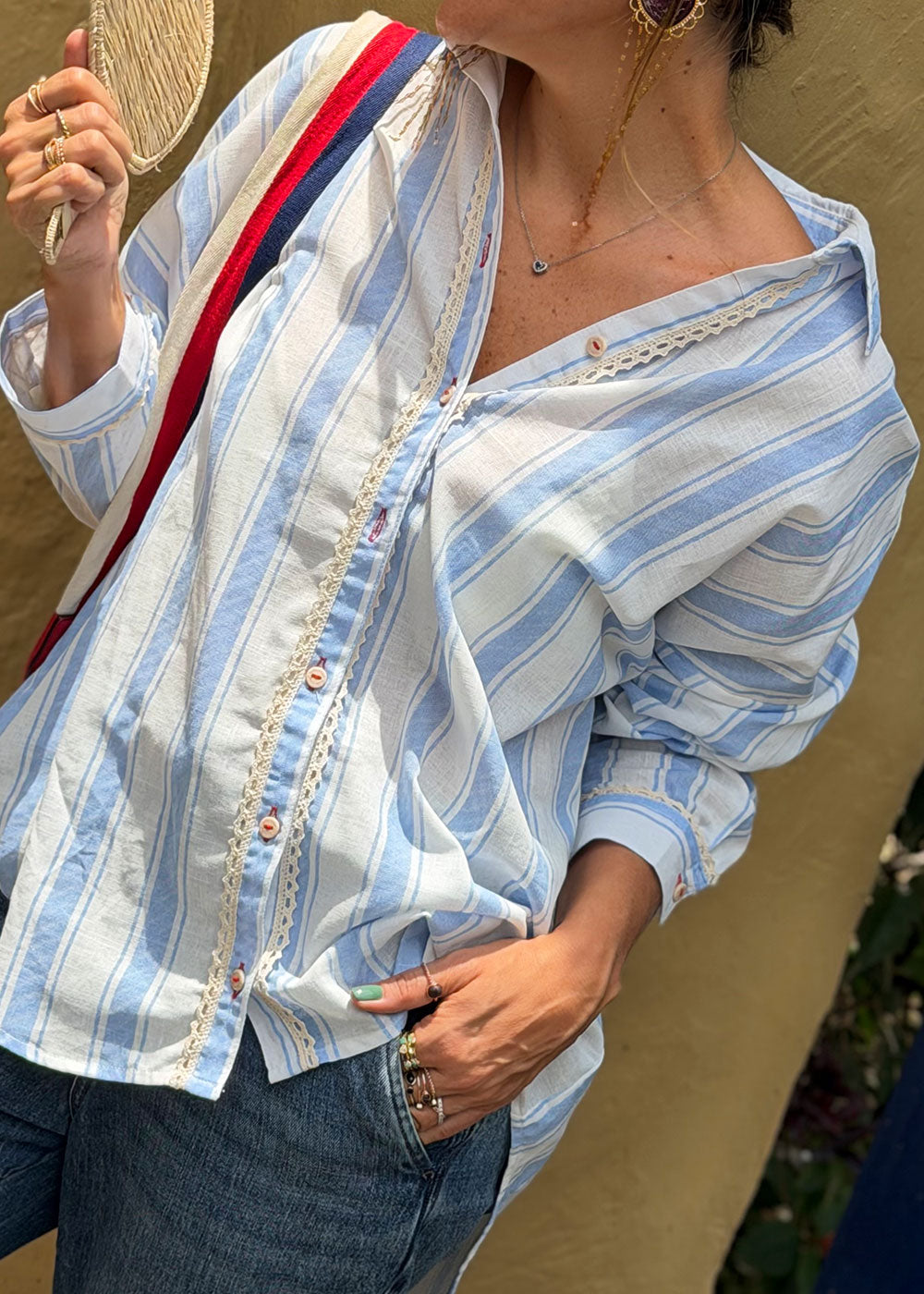 blue striped poplin long-sleeve shirt, front view