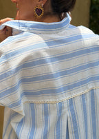 blue striped poplin long-sleeve shirt, back view detail