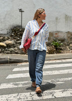 blue striped poplin long-sleeve shirt, fabric and texture close-up