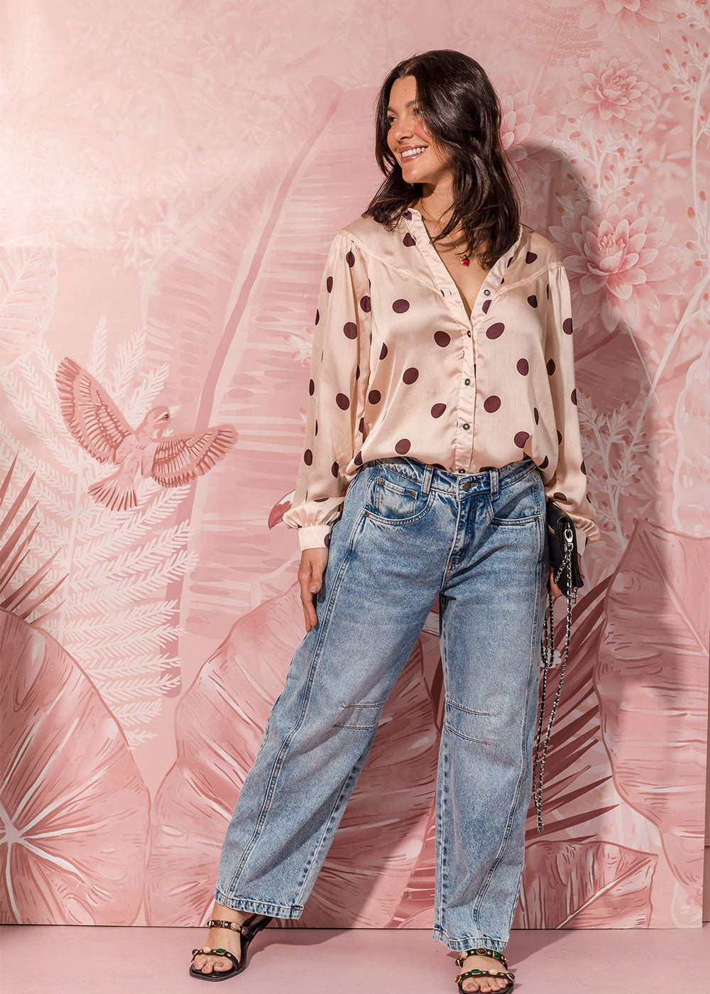 beige polka-dot chiffon shirt with mandarin collar gathered sleeves view 6