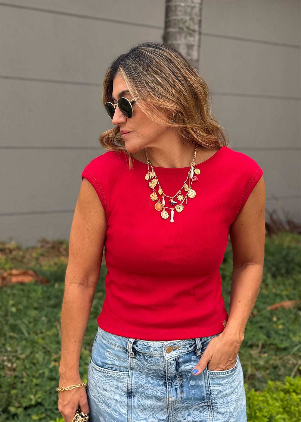 Red ribbed cotton sleeveless top with semi-boatneck front and deep back neckline, view 4