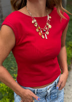 Red ribbed cotton sleeveless top with semi-boatneck front and deep back neckline, view 6