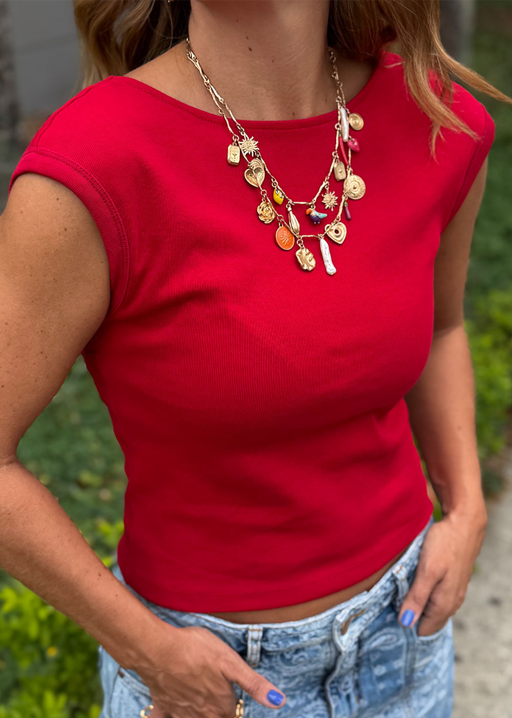 Red ribbed cotton sleeveless top with semi-boatneck front and deep back neckline, view 6