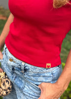 Red ribbed cotton sleeveless top with semi-boatneck front and deep back neckline, view 5