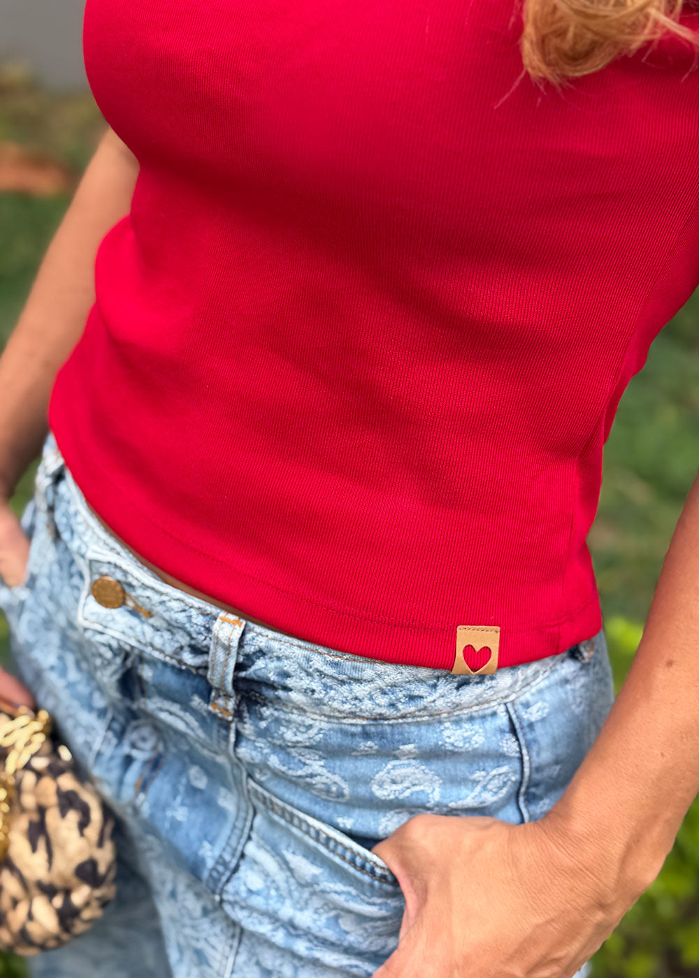 Red ribbed cotton sleeveless top with semi-boatneck front and deep back neckline, view 5