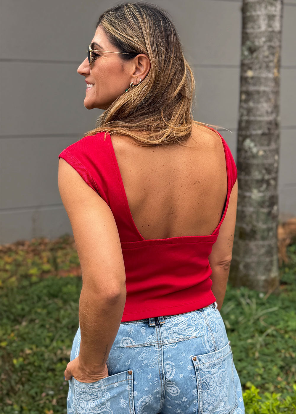 Red ribbed cotton sleeveless top with semi-boatneck front and deep back neckline, view 3