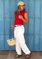 Red ribbed cotton sleeveless top with semi-boatneck front and deep back neckline, view 2