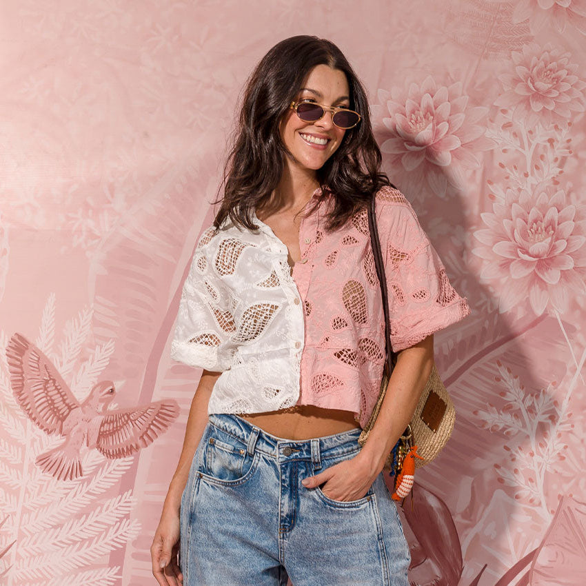two-tone embroidered cotton poplin short-sleeve shirt band collar view 6