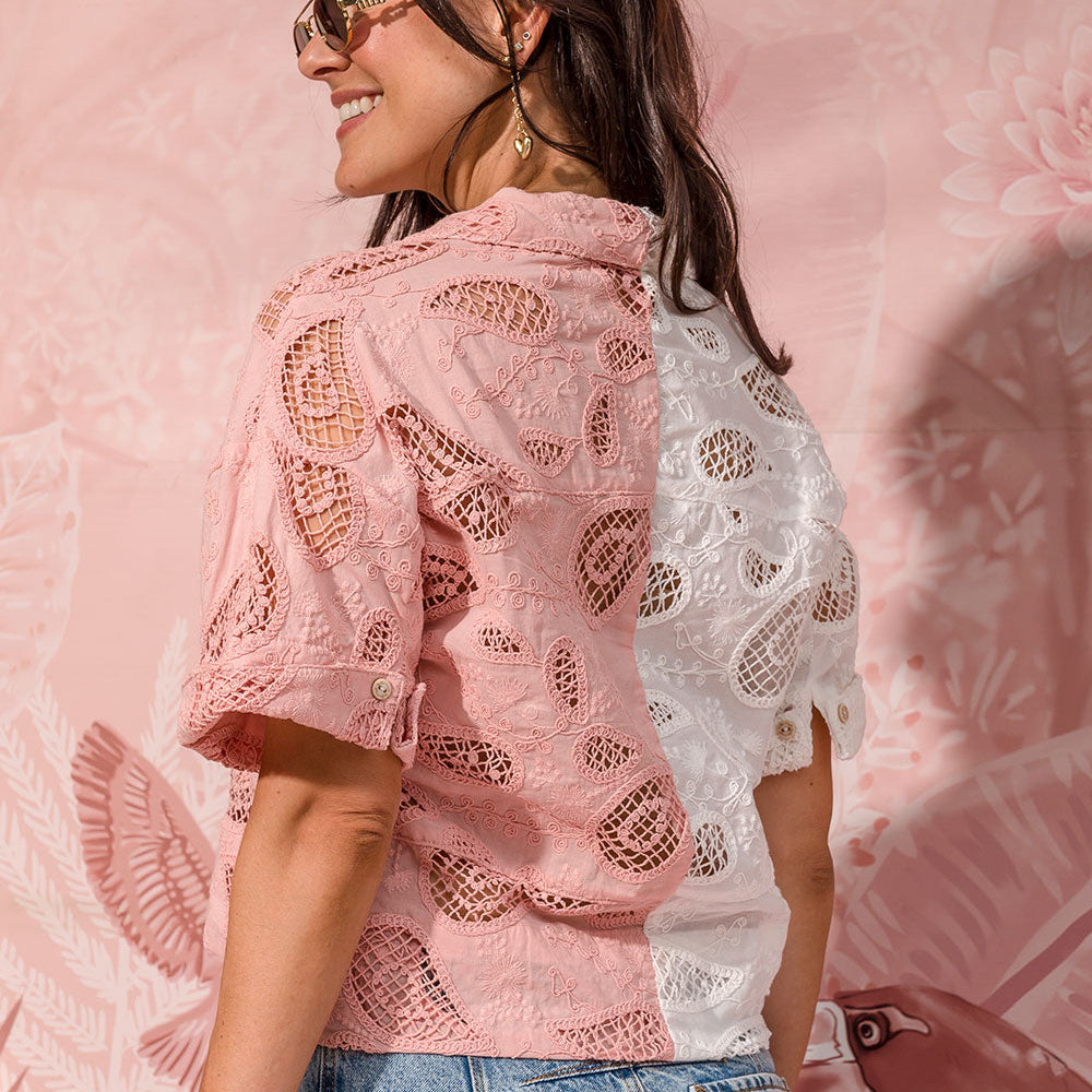 two-tone embroidered cotton poplin short-sleeve shirt band collar view 4