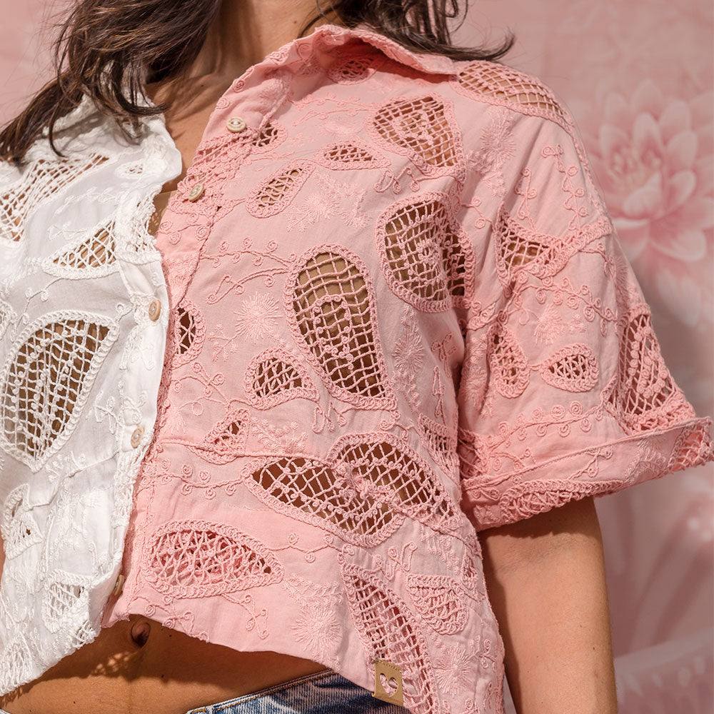 two-tone embroidered cotton poplin short-sleeve shirt band collar view 3