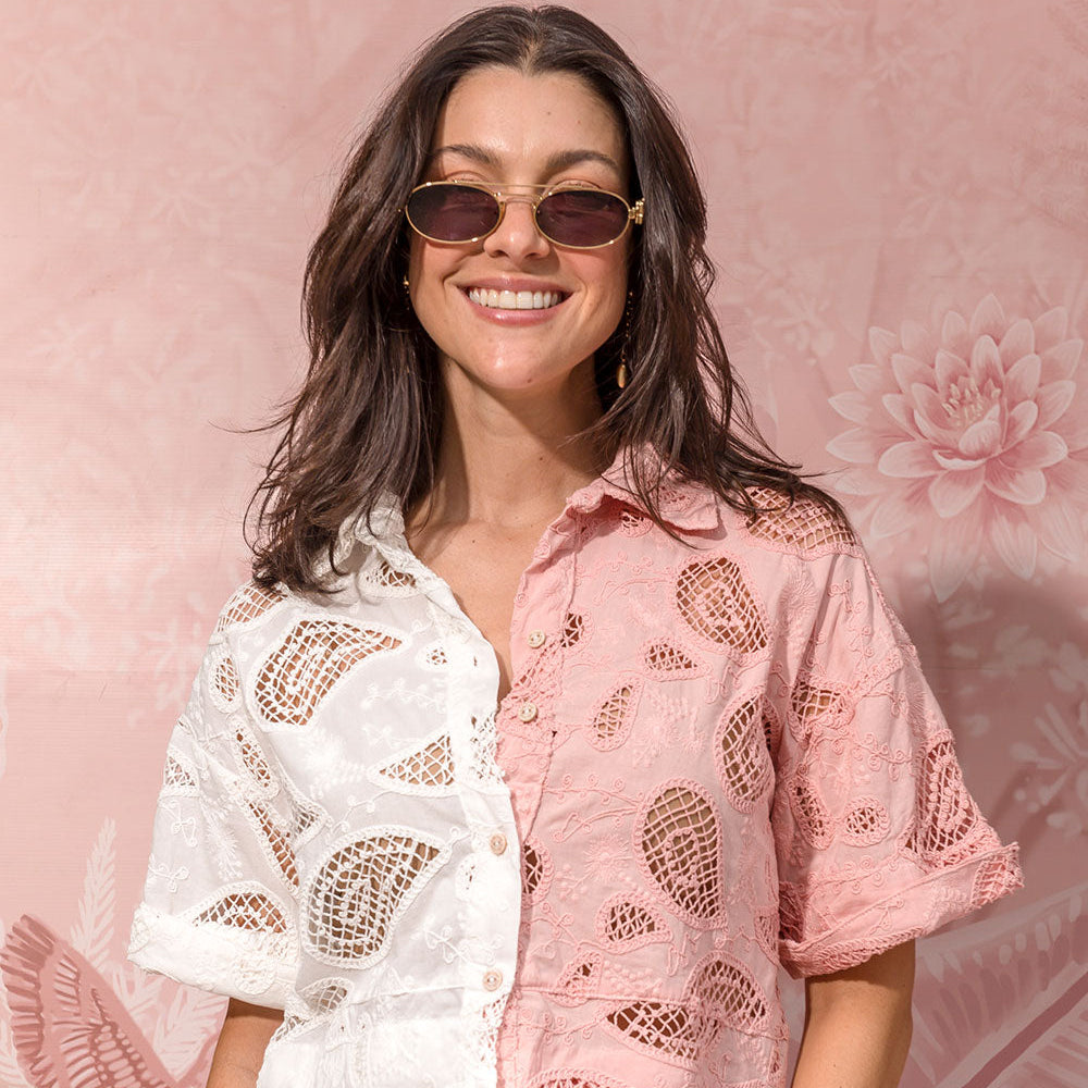 two-tone embroidered cotton poplin short-sleeve shirt band collar