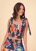 Blue printed linen-effect blouse with sweetheart neckline and tie shoulder straps