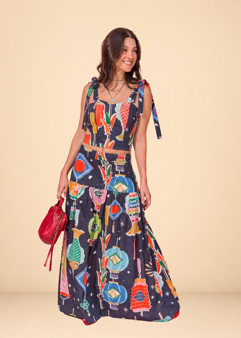 Blue printed linen-effect maxi skirt with fitted waist and hip ruching, view 2