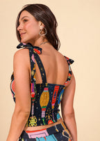 Blue printed linen-effect blouse with sweetheart neckline and tie shoulder straps, view 5