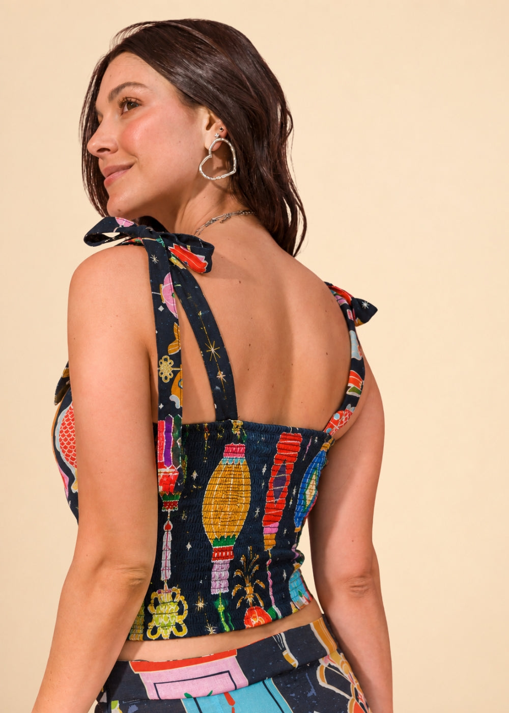 Blue printed linen-effect blouse with sweetheart neckline and tie shoulder straps, view 5