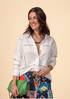 Ivory rayon-linen shirt with band collar and entredós openwork insets