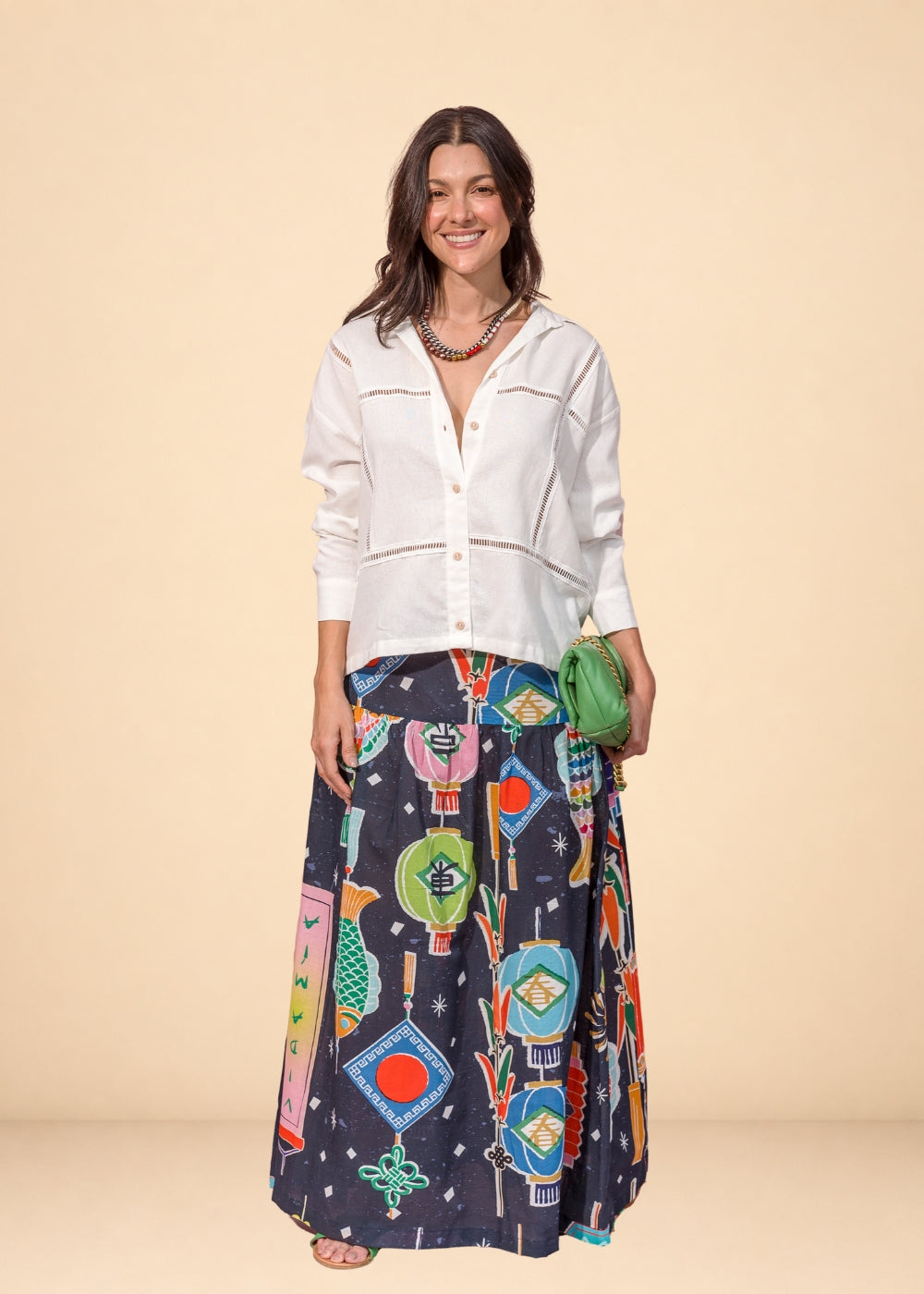 Ivory rayon-linen shirt with band collar and entredós openwork insets, view 5
