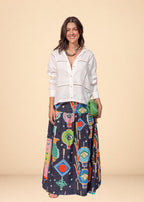 Ivory rayon-linen shirt with band collar and entredós openwork insets, view 5