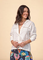 Ivory rayon-linen shirt with band collar and entredós openwork insets, view 6