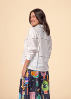 Ivory rayon-linen shirt with band collar and entredós openwork insets, view 4