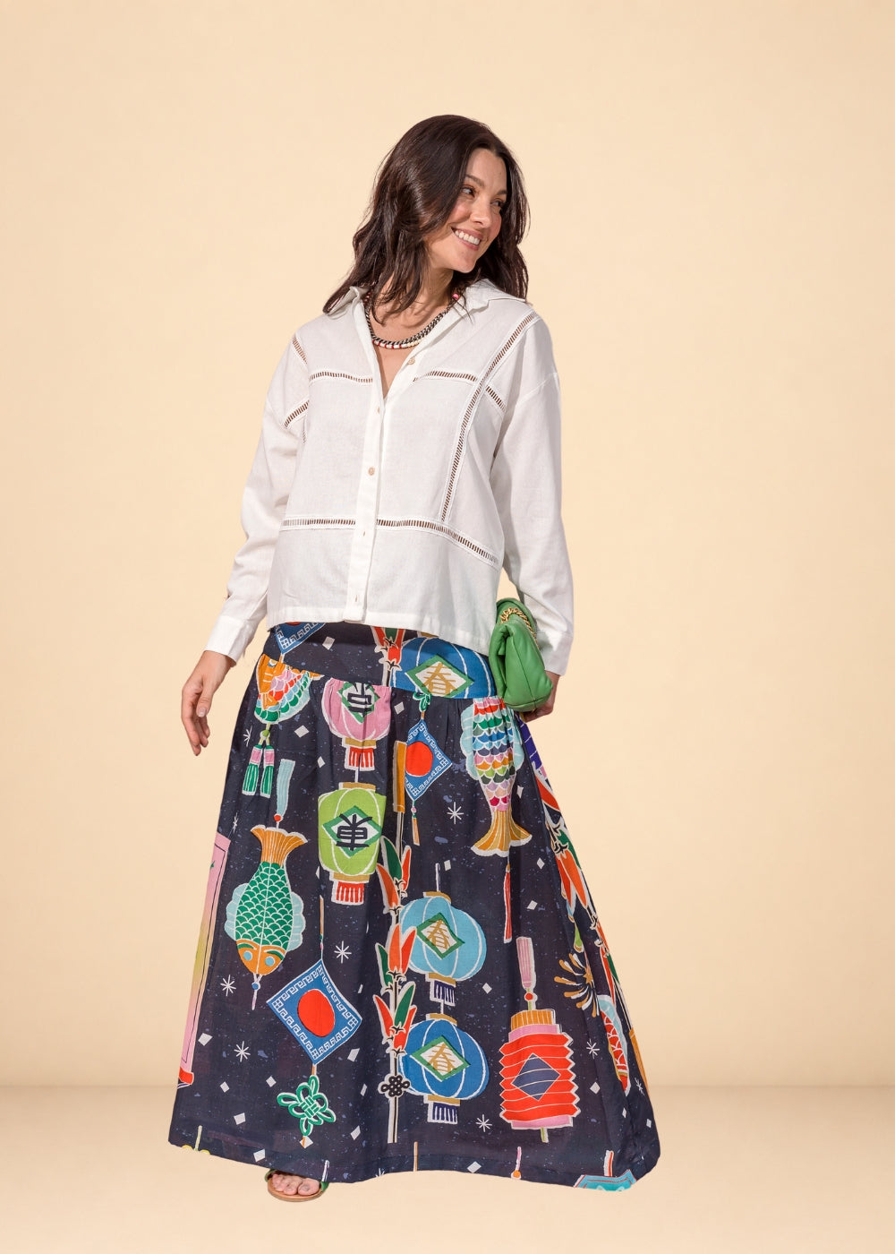 Ivory rayon-linen shirt with band collar and entredós openwork insets, view 2