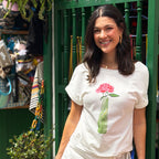 ivory cotton knit top with graphic print dropped shoulders front view