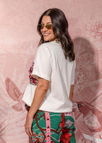 ivory cotton knit tee with ribbed neckline and printed satin bust panel view 3