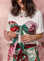 ivory cotton knit tee with ribbed neckline and printed satin bust panel view 4