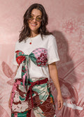 ivory cotton knit tee with ribbed neckline and printed satin bust panel