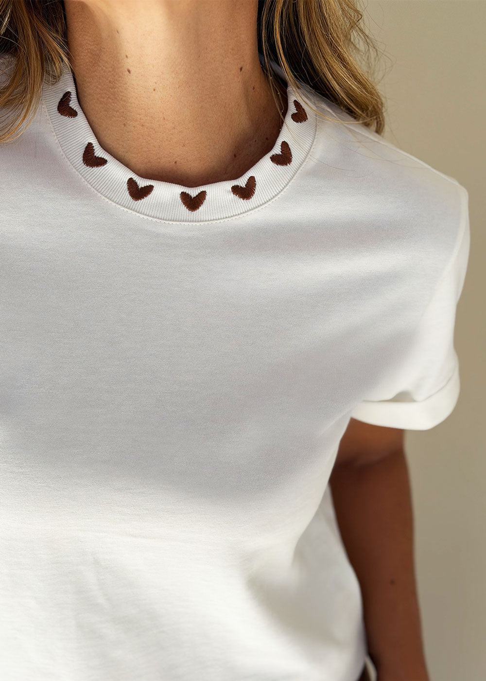 ivory cotton knit tee heart-embroidered ribbed neckline view 3
