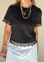 black cotton t-shirt delicate black lace sleeve trim detail close-up
