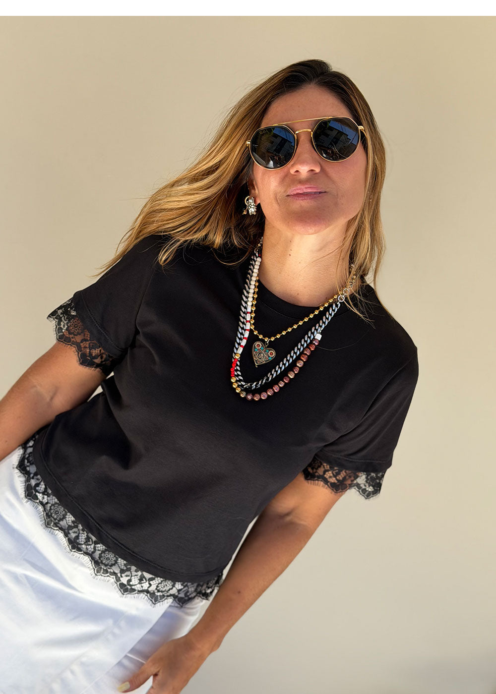 black lace-trim cropped tee full-length lifestyle shot