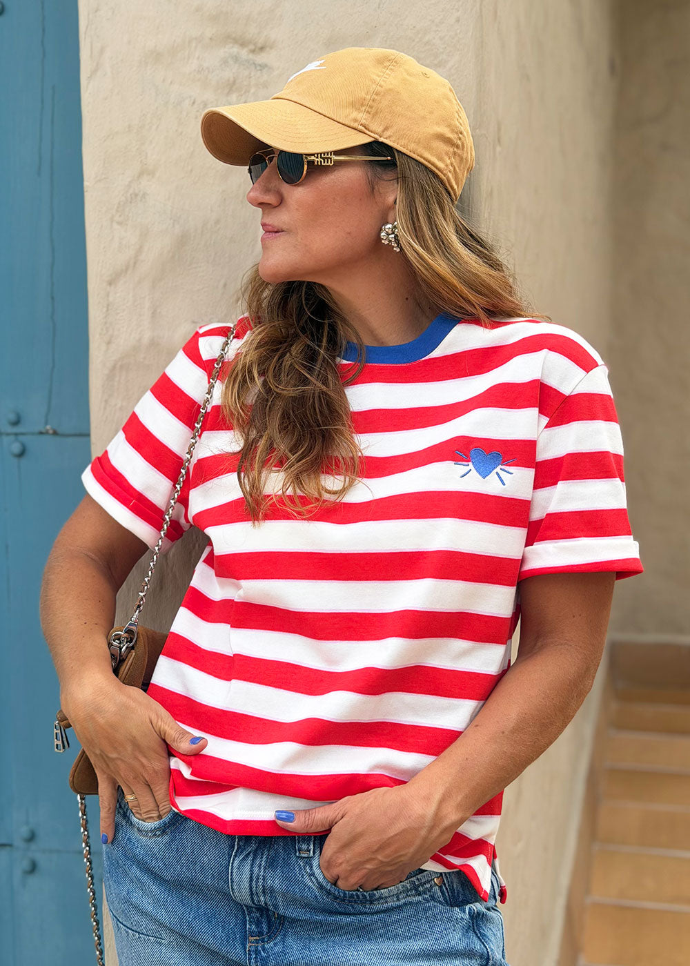 Red-striped cotton knit tee with contrast ribbed neckline and heart embroidery