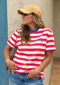 Red-striped cotton knit tee with contrast ribbed neckline and heart embroidery