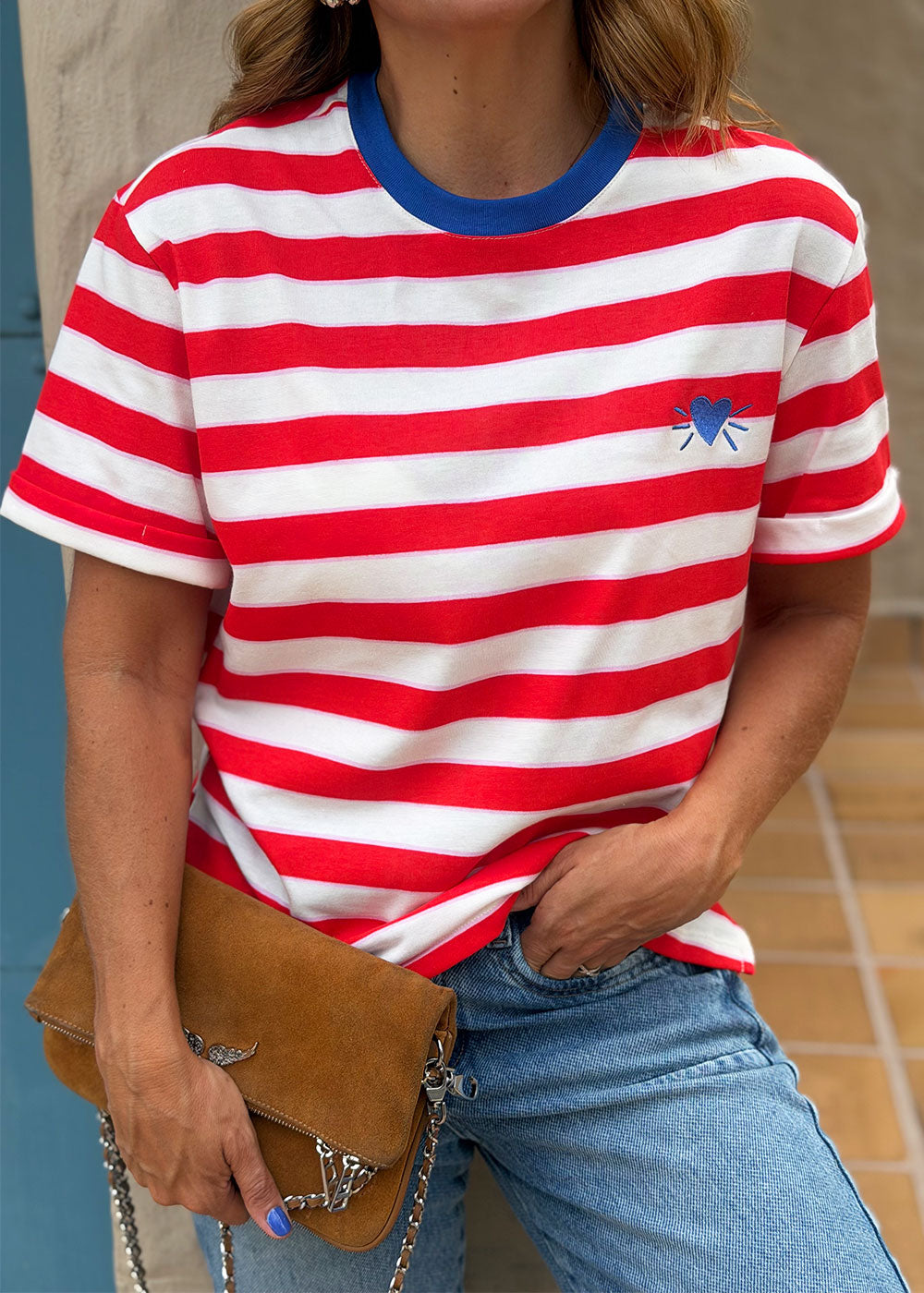 Red-striped cotton knit tee with contrast ribbed neckline and heart embroidery, view 3