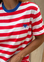 Red-striped cotton knit tee with contrast ribbed neckline and heart embroidery, view 7
