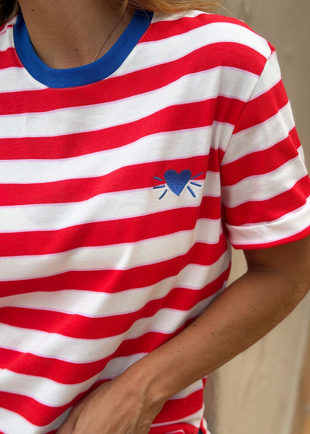 Red-striped cotton knit tee with contrast ribbed neckline and heart embroidery, view 7