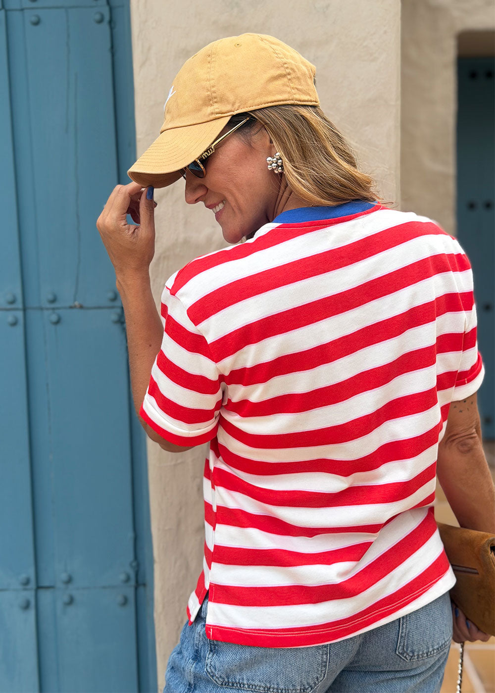 Red-striped cotton knit tee with contrast ribbed neckline and heart embroidery, view 6