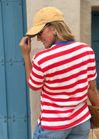 Red-striped cotton knit tee with contrast ribbed neckline and heart embroidery, view 6