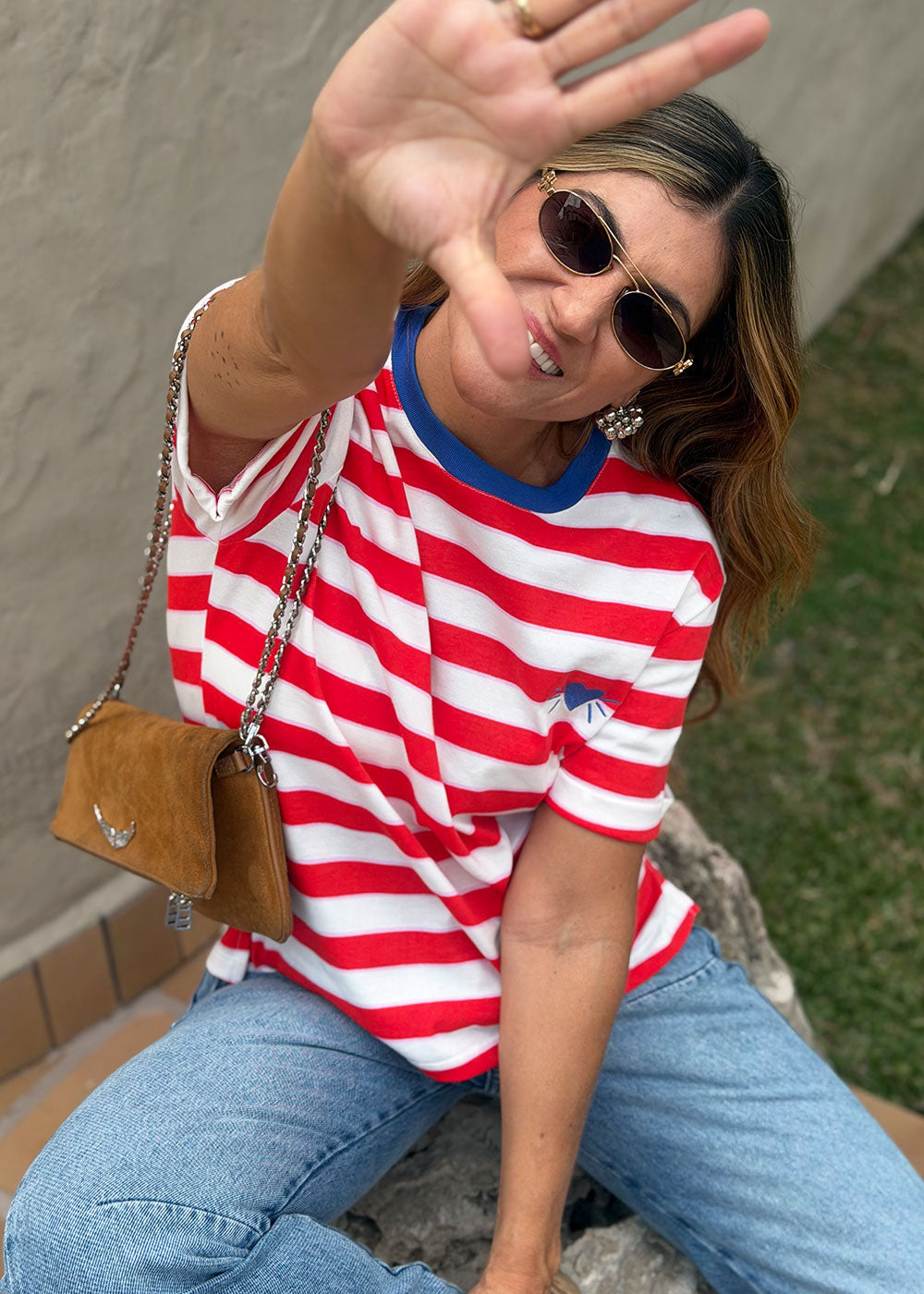 Red-striped cotton knit tee with contrast ribbed neckline and heart embroidery, view 5