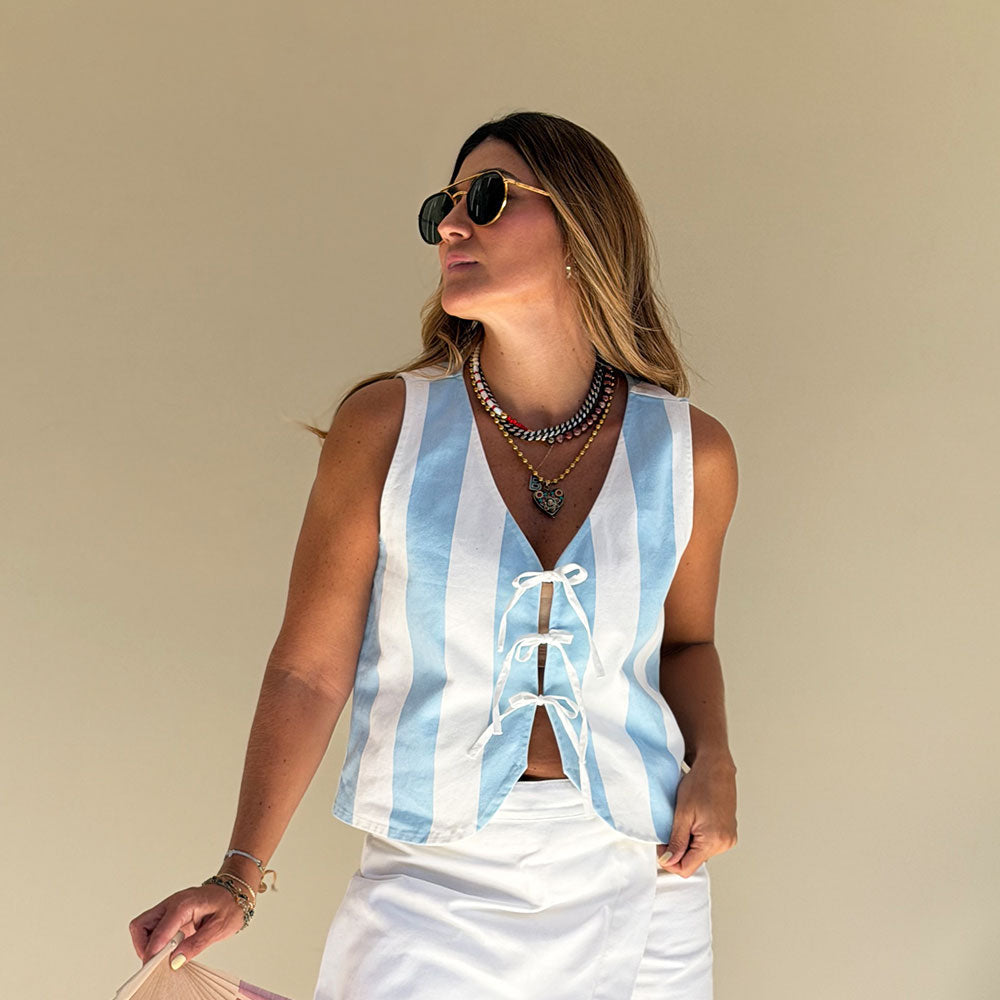 blue stripe denim vest collar and button detail