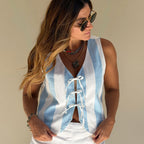 blue striped vest side profile full length