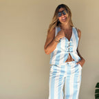 blue striped denim vest back view structured fit