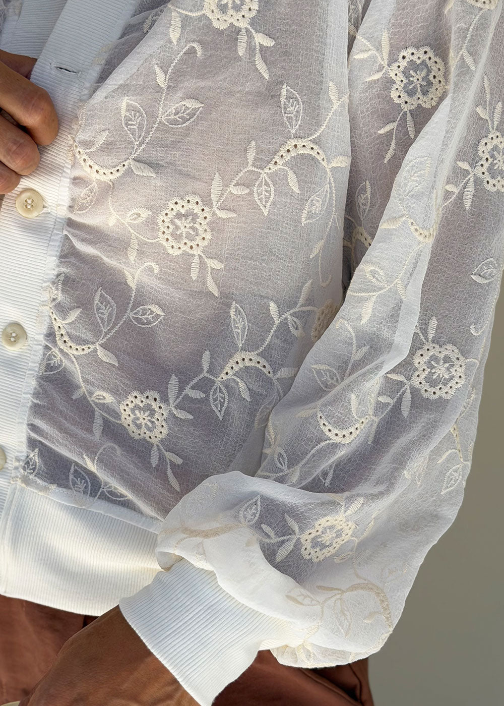 ivory embroidered chiffon jacket ribbed collar cuffs view 5
