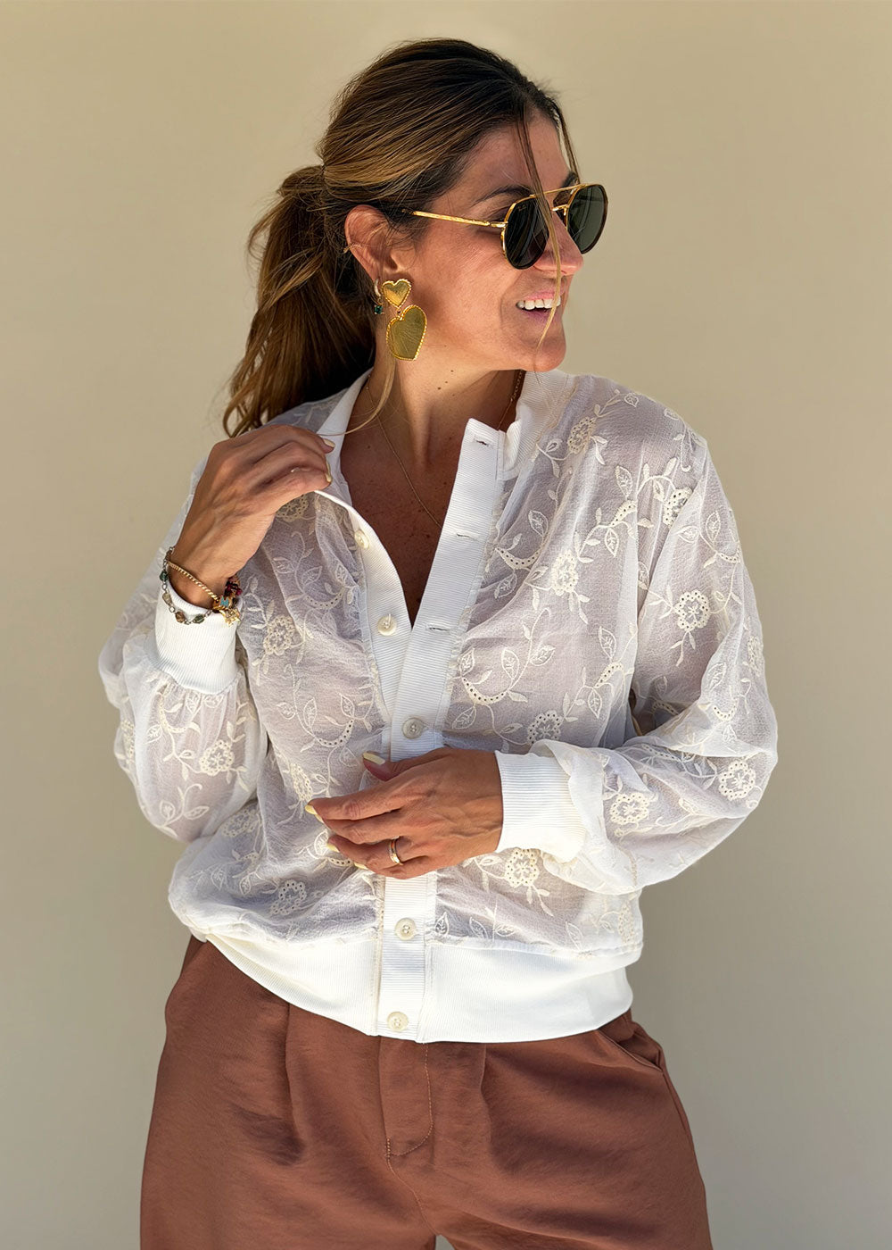 ivory embroidered chiffon jacket ribbed collar cuffs