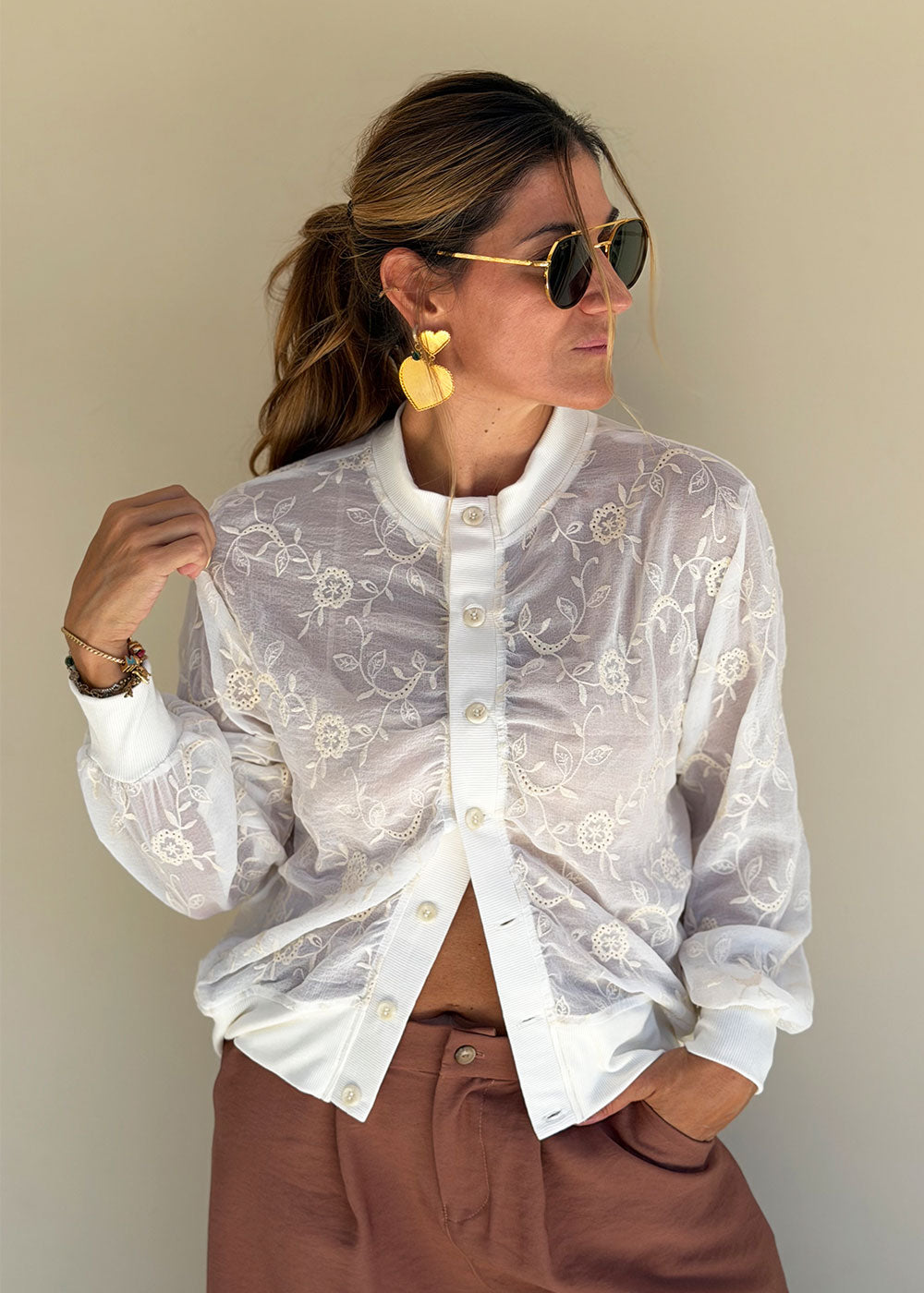 ivory embroidered chiffon jacket ribbed collar cuffs view 3