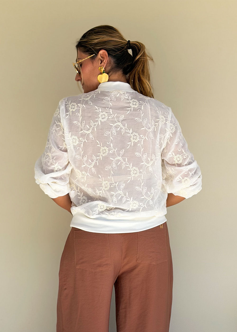 ivory embroidered chiffon jacket ribbed collar cuffs view 6