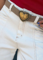 Camel split-leather belt with aged metal heart-shaped buckle, view 6